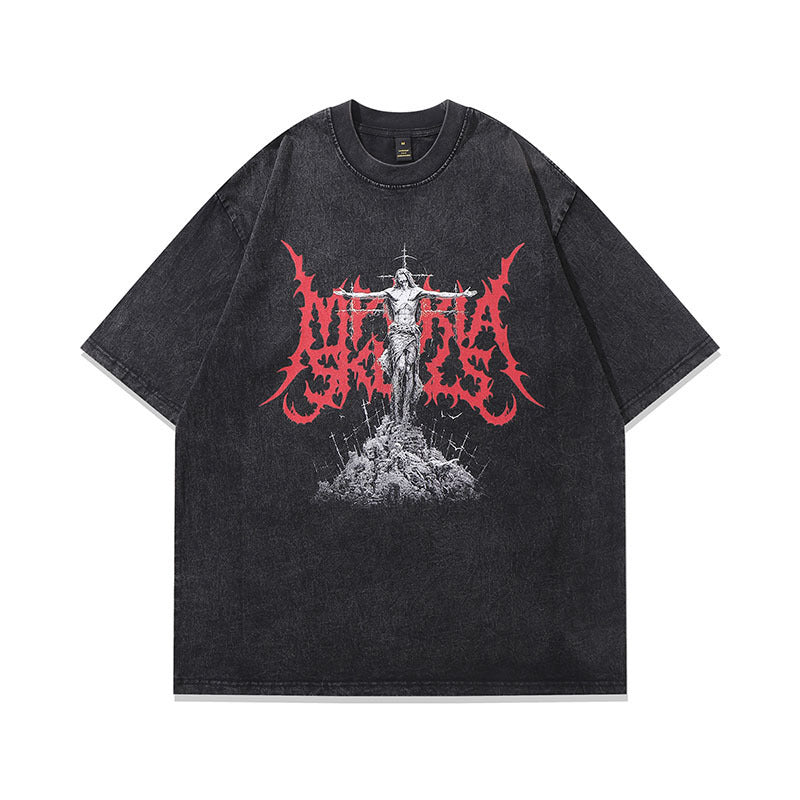 Washed Old Cartoon Vintage Print Half Sleeve T-shirt
