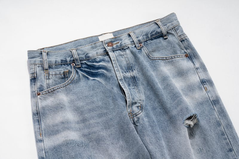 Casual Knife Cut Damaged Old Washed Blue Jeans
