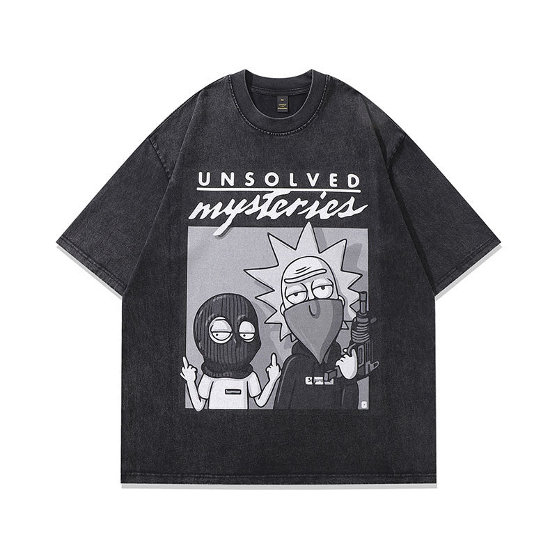 Washed Old Cartoon Vintage Print Half Sleeve T-shirt