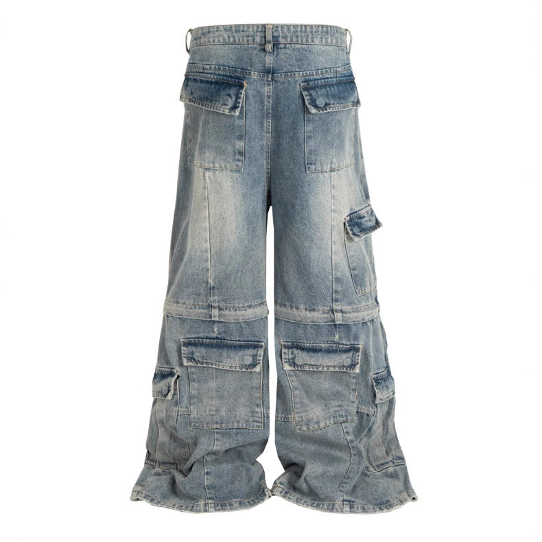 Detachable Worn Looking Washed-out Multi-pocket Detachable Two-way Wear Micro-pull Overalls