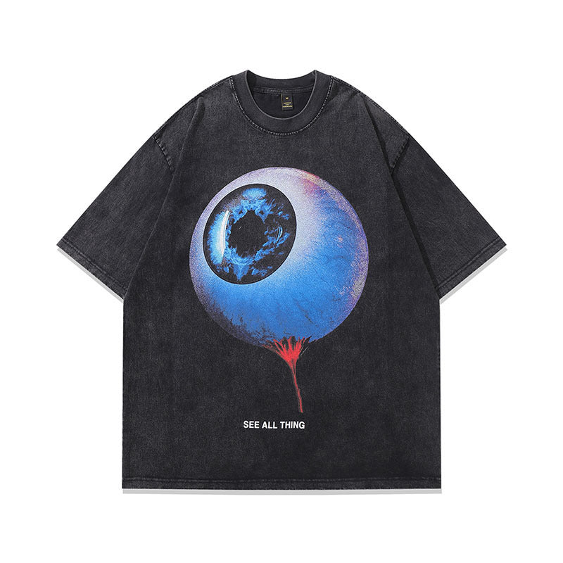 Washed Old Cartoon Vintage Print Half Sleeve T-shirt