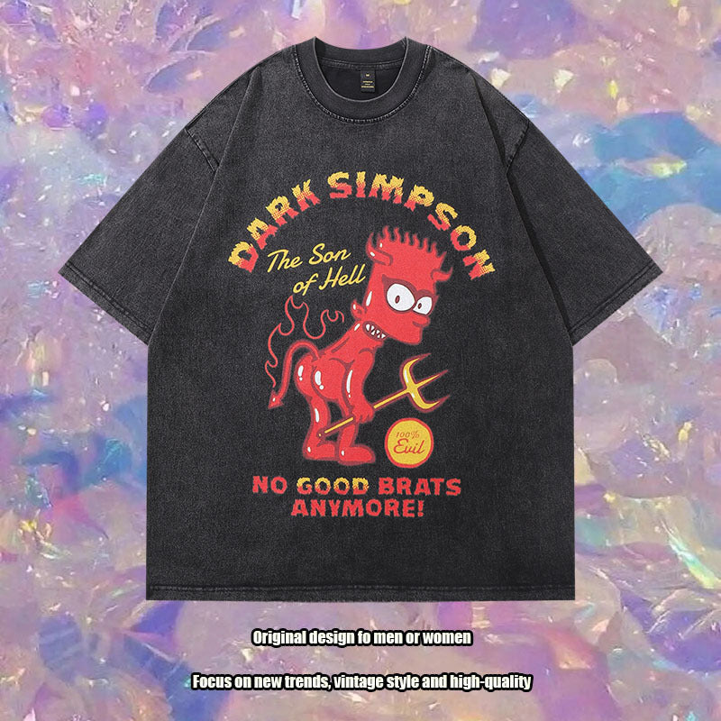 Washed Old Cartoon Vintage Print Half Sleeve T-shirt