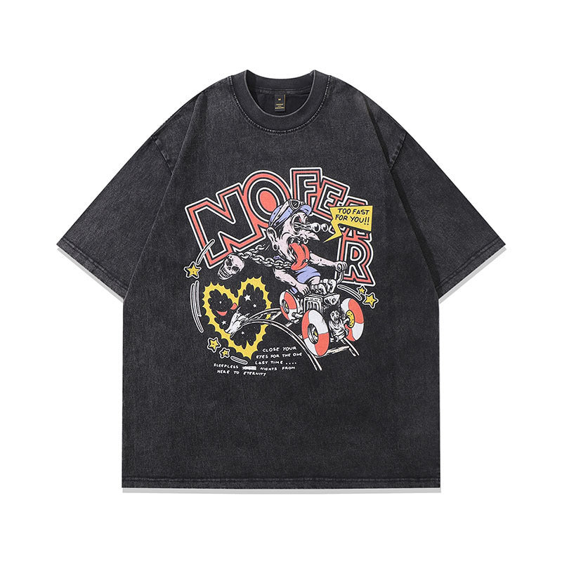 Washed Old Cartoon Vintage Print Half Sleeve T-shirt