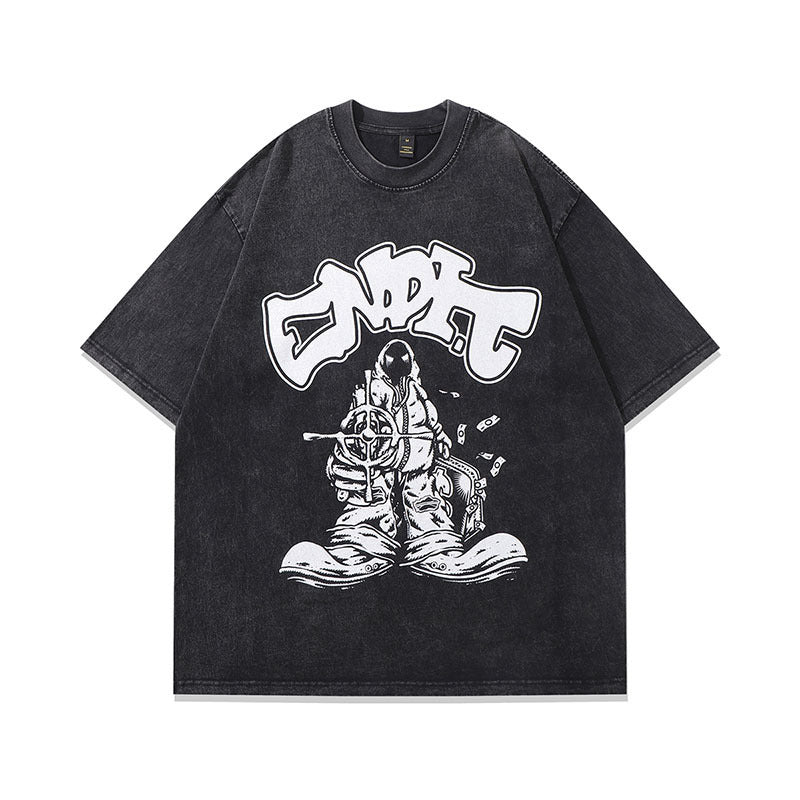 Washed Old Cartoon Vintage Print Half Sleeve T-shirt
