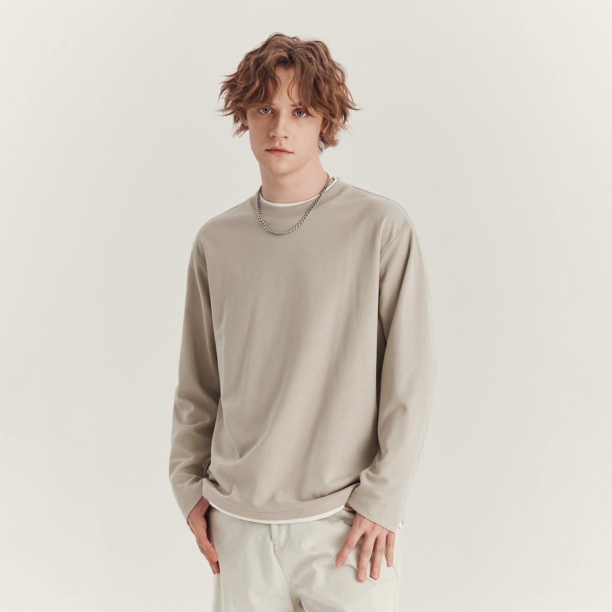 Men's Long-sleeved T-shirt Loose Round Neck Contrast Color Top