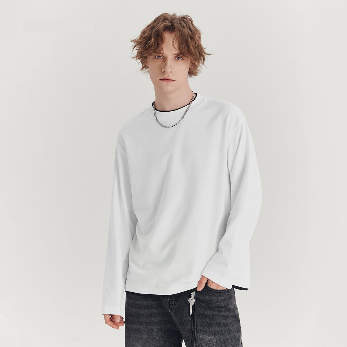 Men's Long-sleeved T-shirt Loose Round Neck Contrast Color Top